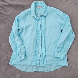 Hanna G Linen Shirt Womens Medium Aqua Blue Pleated Front Lagenlook Minimalist